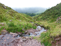 Stream and misty hills