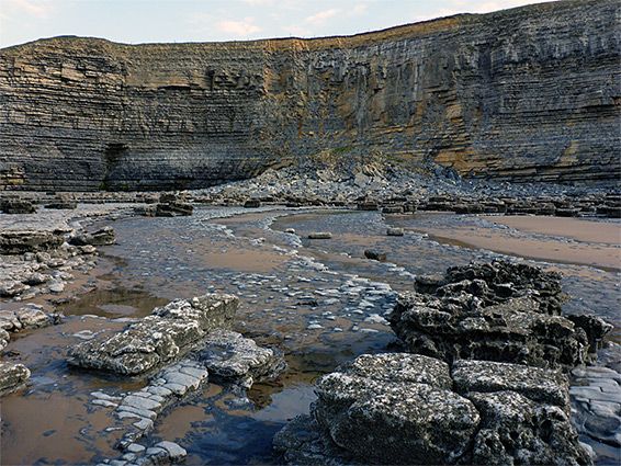 Cliffs, rockfall, curving strata and boulders